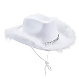 Geagodelia Damen Cowboyhut mit Flauschig und Glitzer Dekoration Cowgirl Hut Mütze Kopfbedeckung für Party Halloween Karneval Kostüm Kostümzubehör (A - Weiß)