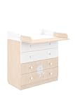 Shefa Kids Wickelkommode 800 Teddy, Weiß-Pastell Eiche, 80,4 x 48 x 91,7 cm, 4 Schubladen, Qualitäts-Wickeltisch aus österreichischem Kronosp