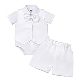 Baby Jungen Taufkleidung Strampler mit Fliege + Weste + Shorts Bekleidungset Krawatte Gentleman Smoking Festlich Hochzeits Anzug Sommer Neugeborenes Fotoshooting Geburtstags Outfits Weiß 6-12 M