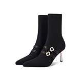 THOYBMO High Heels Boots Damen Stretch Sockenstiefeletten Spitzer Zehen Stiletto Absatz Halbhohe Stiefel Partykleid Pumps Schuhe 7,5cm,Single Lining,35