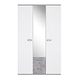 FORTE EMILY Schrank 110 120, Kleiderschrank mit Spiegel Kinderzimmerschrank mit 3-türig 2 Schubladen Einlegeböden Kleiderstange, Weiß / Betonoptik Grau, 115 cm breit x 188 cm hoch x 53