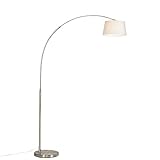 Qazqa - Moderne Bogenlampe aus Stahl I Silber I nickel matt mit weißem Stoffschirm - Arc Basic I Wohnzimmer - Stahl Rund - LED geeignet E27