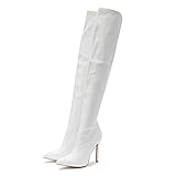 PYTRMHI Damen Sexy Kniehohe Stiefel Overknees High Heels Pointed Toe Leder Langschaft Stiefel Mit Reißverschluss,Weiß,35EU