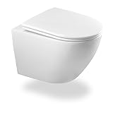 Spülrandlose Toilette mit Toilettendeckel,Hänge-WC aus Keramik, Moderne Toilette WC Set,Toilettendeckel D Form (Weiß)