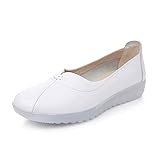Nurshoes Flexibler Flacher Loafer-Slip auf Plattform-Fersen-Arbeitsschuhen weiße Farbe für Damen Runde Zehe Echtes Leder (Color : Weiß, Size : 41 EU)