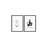 Pinearts Premium WC Poster Set | Bad Deko Modern | Bilder Toilette Lustig | Mitbringsel Erwachsene | Lustige Toilettenschilder Poster Badezimmer | 2 x DIN A4 Schwarz Weiß Bilder | OHNE RAHMEN