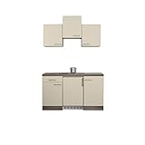 RIWAA - Miniküche BELFAST mit Kühlschrank Singleküche - 150 cm - Küche Doppel-Kochplatte - Creme Samtmatt/Eiche Dekor