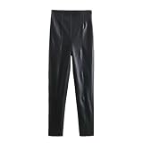 Stretchhose für Damen, hohe Taille, PU-Kunstleder, Bleistifthose, volle Länge, Schwarz , L