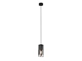 Elegante LED Zylinder Pendelleuchte aus matt schwarzem Metall mit einem Rauchglasschirm