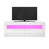 SUNXURY TV Board Weiss Hochglanz mit RGB LED-Beleuchtung,Schrank Weiß,TV Lowboard 120 x 40 x 45 cm(B/T/H)