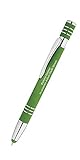 Bedruckte Soft-Touch Kugelschreiber Absolute in Grün aus Metall mit Stylus-Spitze & zweizeiligem Aufdruck Ihres Wunschtextes - 100 Stück