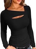 TrendiMax Damen Langarmshirt Gerippt Stretch Pullover Asymmetrischer Ausschnitt Langarm Oberteile Sexy Enge Tops Casual Basic Tops (XL, Schwarz)