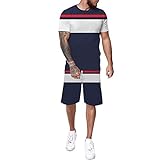 Mens 2022 Sportswear 2 Teiliger Trainingsanzug Outdoor Kurzarm Kontrast Gestreifte Polos T Shirts Und Shorts Sommer Set(31-Marine,L)