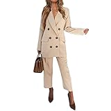 Vertvie Damen Business Anzug Zweiteiler Elegant Anzug Slim Fit Hosenanzug Langarm Blazer + Hosen 2 Stück Damenanzug-Set für Büro(Beige-1,S)