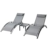 Relaxliege Liegestuhl, Alu Gartenstuhl 3 er Set, Sonnenliege mit 5 verstellbaren Rückenlehnen, Liegestuhl mit Abnehmbares Kissen und Tisch, Schwungliege, grau.