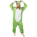 Unisex Onesie Frosch Kostüm Schlafanzug Einteiliger Pyjamas Jumpsuit Erwachsene mit Kapuze- Tier Schlafoverall Kleidung Outfit Plüsch Sleepwear Overall für Damen Herren Halloween Karneval Cosplay
