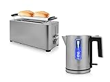 Design Edelstahl Frühstücksset in Silber - 1 Liter LED Wasserkocher & Toaster 1400 Watt 2 lange Schlitze