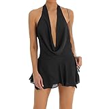 FeMereina Damen Sexy ärmelloses Kleid mit Wasserfallausschnitt, offener Rücken, durchsichtig, Netzstoff, Neckholder, kurzes Kleid, tiefer V-Ausschnitt, figurbetontes Minikleid für Club, Party, Schw