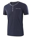 Kragenloses Shirt Herren Atmungsaktiv Rundhals Knopfleiste Herren Shirt Sommer Mode Spleißen Herren T-Shirt Trend Taschen Kurzarm Herren Freizeitshirt E-Blue 2 L