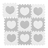 Relaxdays Puzzlematte Herz-Muster, 18 Puzzleteile, aus schadstofffreiem EVA-Schaumstoff, B x T: 91,5 x 91,5cm, weiß/ grau