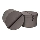 Bigso Box of Sweden RUT 2er-Set Aufbewahrungsbox mit Deckel – runde Ordnungsbox mit Lederriemen – große und kleine Hutschachtel aus Faserplatte und Papier in Leinenoptik – grau