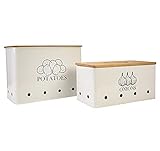 Xbopetda Kartoffel-Zwiebel-Aufbewahrungsbox, Lebensmittelbehälter-Sets, Set mit 2 Töpfen Behälter, Kartoffel- und Zwiebelbehälter mit Belüftungsdose, Aufbewahrungslöcher und Bambusdeckel, Weiß