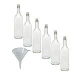 6 leere Glasflaschen 750ml mit Korkverschluss zum Selbstbefüllen inkl. einem weißem Einfülltrichter Ø 9 cm