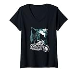 Damen Nacht Mond Grafik Biker Motorrad mit Wölfen T-Shirt mit V-Ausschnitt