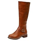 Hohe Stiefel Damen Flache Winterstiefel Vintage Bikerstiefel mit Schnalle, Frauen Winterboots Langschaftstiefel Bequem Winter Warm Damenschuhe Celucke (Gelb, 41)