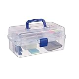 Relaxdays Transparente Plastikbox, 9 Fächer, Werkzeugbox, Nähkästchen, Werkzeugkoffer, Werkzeug, HBT 14x33x19 cm, blau