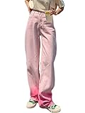 Onsoyours Damen Jeans Hose mit Hoher Taille Color Block Style Harajuku E-Girl Streetwear Hose Casual Pants Slim Vintage Flare Denim Hose C Rosa S