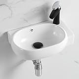 Wandmontiertes Badezimmer-Waschbecken, kompaktes ovales Waschbecken mit Überlauf für kleine Räume, ideal für Wohnung, Garderobe und Korridor (Weiß B, rechte Hand)