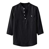 Xmiral T-Shirt Herren 3/4 Ärmel Tasten V-Ausschnitt Volltonfarbe Tops mit Brusttasche Gemütlich Slim Fit Shirt Hemden V-Neck Verwaschen Basic Shirt(a Schwarz,XL)