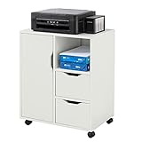 SoBuy Rollcontainer mit 2 Schubladen und 1 Tür Druckertisch mit Rollen Schreibtisch Unterschrank Rollcontainer Büromöbel Weiß 60×70×35 cm FBT105-W