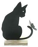 FRANK FLECHTWAREN Katze, Metallfigur, Dekofigur, Figur Katze mit Schmetterling, Mattschwarz, MDF Maße: Höhe 21 cm