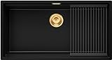 Spülbecken Schwarz 86x47 cm, Granitspüle + aufrollbare Abtropffläche + Ablauf-Set mit Goldenem Siphon, Küchenspüle für 90er Unterschrank, Einbauspüle von Primagran