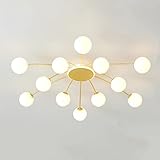 KRIPINC Sputnik Kronleuchter, Sputnik Deckenleuchte, Kronleuchter Deckenleuchte Halbbündige Montage 12-Flammig, Deckenleuchte Hängend Golden mit Weiß Glaskugel Lampenschirm für Wohnzimmer S