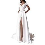 Masrin Weißes Abendkleid für Damen Einfarbiges, das langes formales Kleid wischt Geschlitztes Swingkleid mit hoher Taille Ärmelloses Partykleid mit V-Ausschnitt(S,Weiß)
