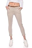 Kendindza Chino Damen Hose Stretch mit Gürtel Stoffhose Damen elegant lang (M, Beige)