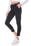 Kendindza Chino Damen Hose Stretch mit Gürtel Stoffhose Damen elegant lang (M, Schwarz)