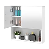 EUGAD Badezimmerschrank mit Spiegel, Spiegelschrank mit Tür Metallscharnieren, Schrank mit 5 Fächern 2 verstellbaren Trennwänden, Hängeschrank aus E1-MDF, Weiß, 54x55x15 cm