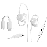 Google Earbuds USB-C Wired Headset Typ-C mit Mikrofon und Lautstärkeregler + USB Typ C auf 3,5 mm Kopfhörer-Adapter Pixel, XL, Pixel 2, 3, 3XL, andere USB-Typ-C-Handys (Bündel) – Weiß