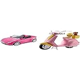Barbie DVX59 - Cabrio Fahrzeug, in pink, mit Platz für 2 Puppen, Puppen Zubehör, ab 3 Jahren & FRP56 Motorroller, pink