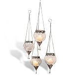 Loberon Hängewindlicht 4er Set Matré, Bezaubernder Vintage-Charakter, orientalisches Flair, romantischer Look, für Teelichter, Indoor und Outdoor, Glas, Messing, antiksilber/k
