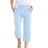 MJGkhiy Damenhose 3 Viertel Übergrößen Palazzo Baggy Strandhose Kordelzug Bequeme Leinen Hose Haremshose Hohe Taille Pilates Muster Cropped, hellblau, XXL