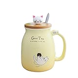 Katzen-Tasse Süße Keramik Kaffeetasse mit Deckel,Edelstahl Löffel, Neuheit Morgen Cup Tee Milch Weihnachten Becher Geschenk 450ML (Gelb )
