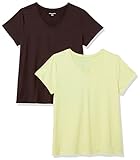 Amazon Essentials Damen Kurzärmeliges T-Shirt mit V-Ausschnitt aus Tech-Stretch-Stoff, 2er-Pack, Hellgelb/Dunkelbraun, M