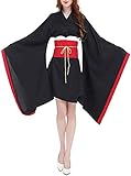 Damen Kurz Kimono Kleid mit OBI Gürtel Gothic Lolita Yukata Robe Japanische Traditionelle Kimono Cosplay Verkleidung - Schwarz - Medium