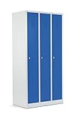 Schrank & Stuhl Spind – Metallspind mit 3 Abteilen in 180 x 90 x 50 cm, Schließfachschrank mit Hutboden & Zylinderschlössern, Lieferung komplett montiert, Grau/Blau