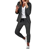EMATOP Damen Anzug Elegant 2 Teilig Hosenanzug Langarm Business Anzug Set Zweiteiler Einfarbig Blazer Hose Lange Festlich Hosenanzüge Sportlich Slimfit Streetwear Frauen Baumwolle Freizeitanzug